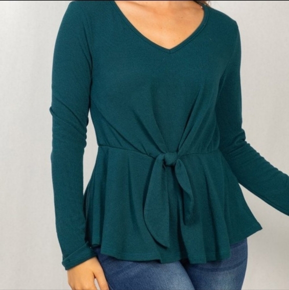 white birch Tops - 💚HP💚Plus Size Hunter Green Ribbed Knit Tie Front Long Sleeve Top